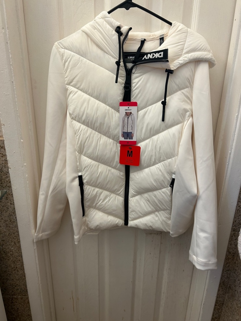 DKNY Cream-White Hooded Quilted Puffer Jacket